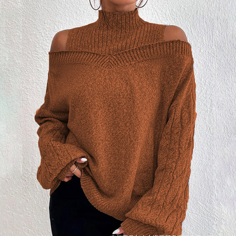 Women's Cold Shoulder Sweater - Sexy High Neck Cut Out Pullover Long Sleeve Top - Image 8