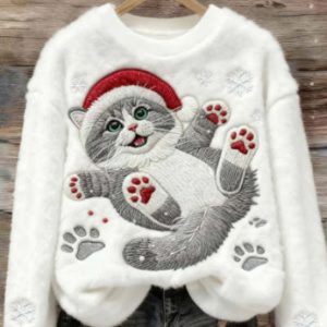 3D Digital Printed Flannel Christmas Women's Crew-Neck Sweater