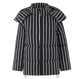 Women's Black Striped Hooded Cotton Coat