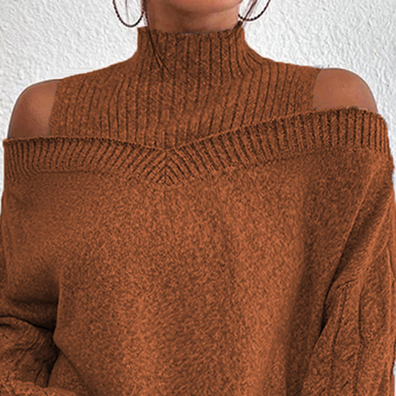 Women's Cold Shoulder Sweater - Sexy High Neck Cut Out Pullover Long Sleeve Top - Image 10