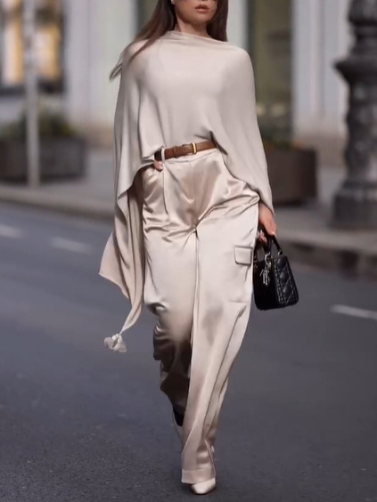 Solid Color Satin Shawl Top & High Waist Pants Set - Image 2