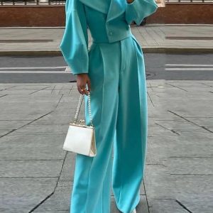 Solid Color Lapel Short Jacket & High Waist Pants Suit