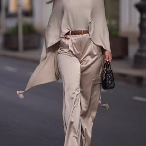 Solid Color Satin Shawl Top & High Waist Pants Set