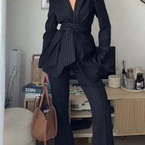 Striped Strappy Blazer & High-waisted Pants Suit