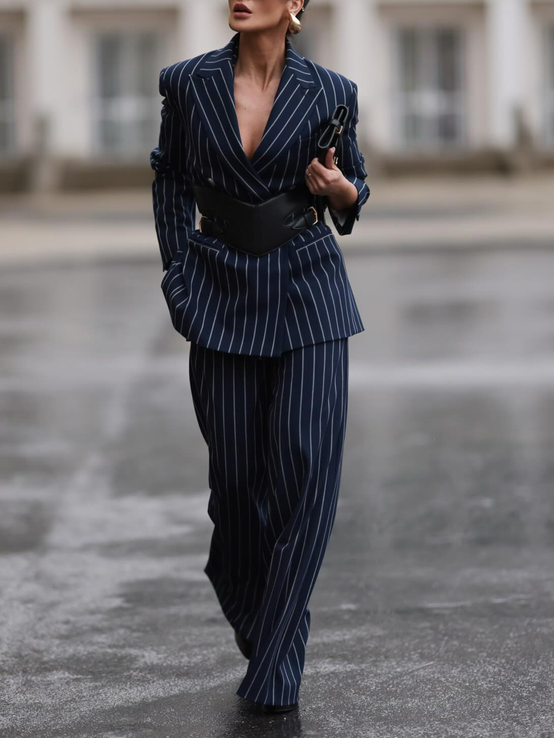 Elegant Striped Blazer & High Waist Pants Set - Image 4