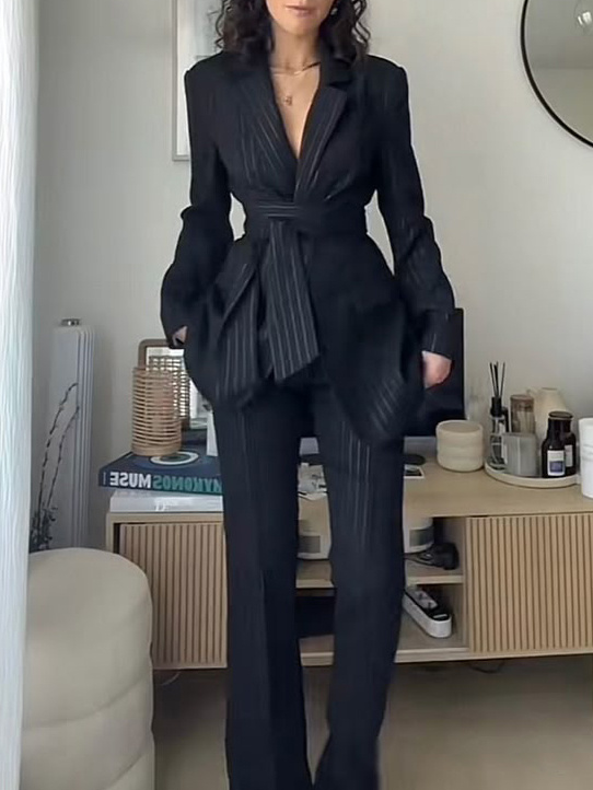 Striped Strappy Blazer & High-waisted Pants Suit - Image 2